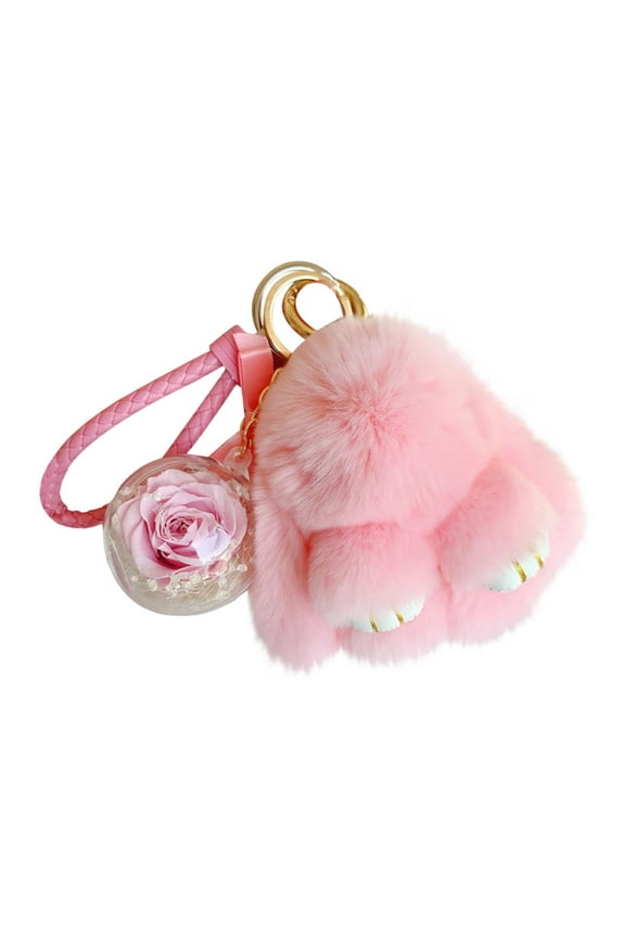 Bunny PomPom Keychain With Everlasting Flower Car Decor Low Maintenance Colorfast Lightweight Decor for Car Keys Backpack Purse Gifting Birthday Holiday Special Occasion Daily Accessory Decors