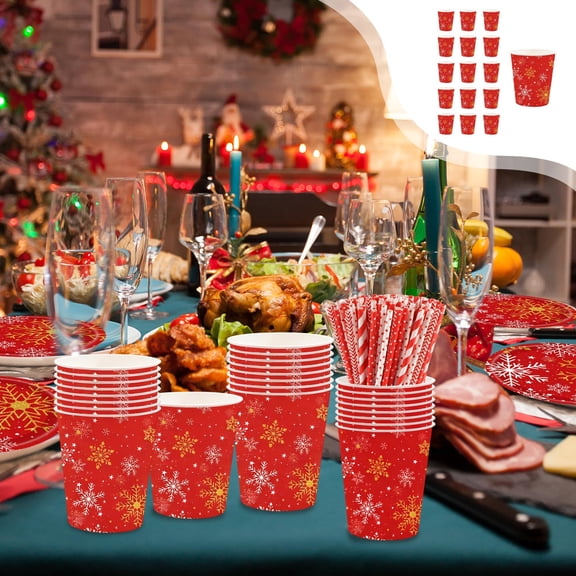 ZHMRFG Christmas Red Snowflake Disposable Tableware Set，Plates Cups Tissues All-In-One Food-Safe Paper，Festive Red Gold Snowflake Patterns Leak-Proof Cups for Christmas Party Holiday Potlucks Decor
