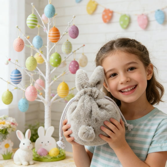 ZHMRFG Easter Plush Bunny Drawstring Pouch 7.87In Polyester Easter Decor Soft Touch Secure Closure Lightweight Decor for Easter Candy Storage Shopping Sightseeing Daily Use Party Home Holiday Favors