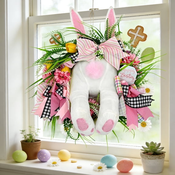ZHMRFG Easter Wreath 15.75In,Artificial Flower Bunny Festive Candlestick Wreath Macaron Colors Simulated Texture Decor for Indoor Outdoor Lintels Walls Fireplaces Easter Party Spring Daily Home Decor