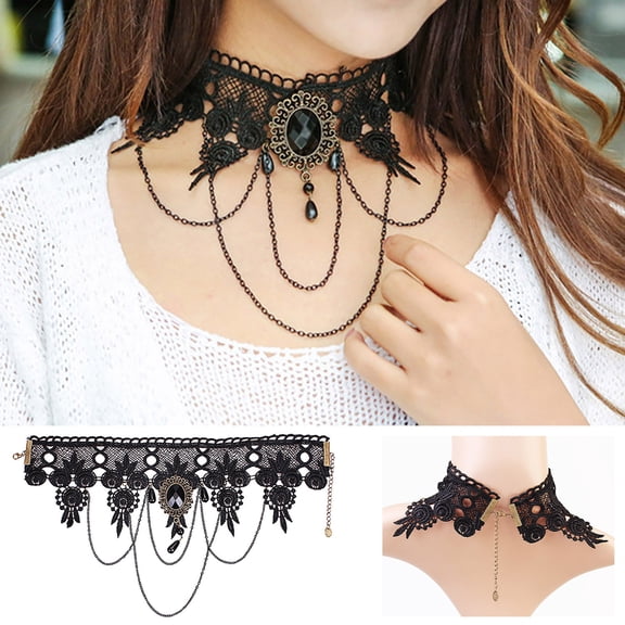 ZHMRFG Jewelry Decor,Black Lace Choker Crystal Pendant Necklace Gothic Tassel Adjustable Extension Chain Versatile Outfit Matching,Festive Decor for Women Girls Party Prom Casual Travel Festival Gift