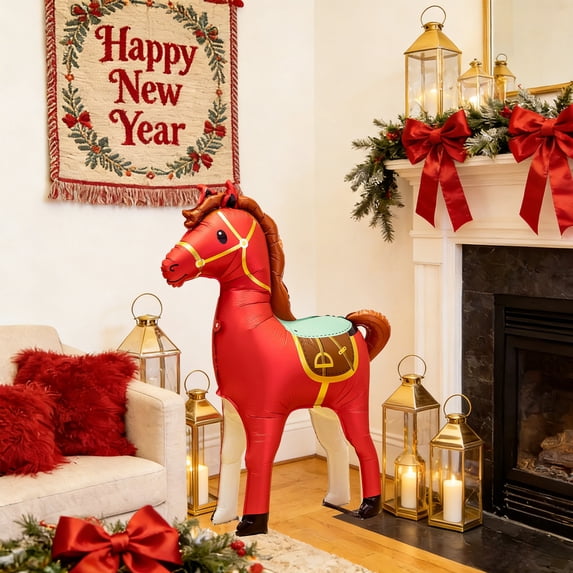 ZHMRFG Large Inflatable Horse Balloon Decor, Beige Brown Gold Red Plastic Balloon with Easy Inflate Design, Festive Centerpiece Decor Party Favors for Birthday Party Holiday Event Celebration Decor