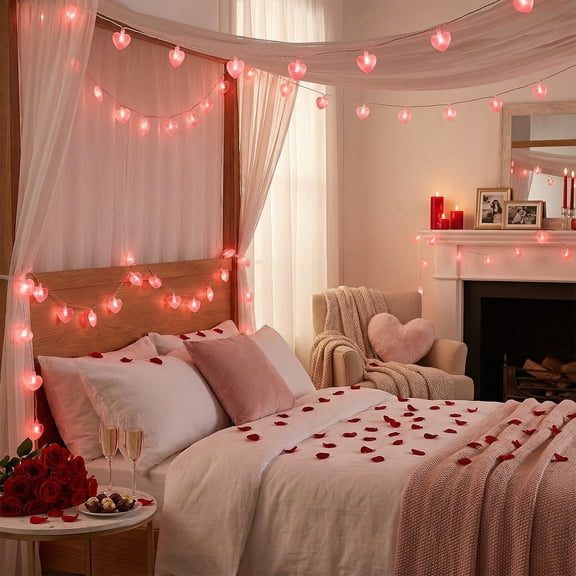 ZHMRFG Pink Heart-Shaped LED String Lights，118.11in Battery-Operated Romantic Ambiance，Easy Install Versatile Decor for Valentine's Day Party Wedding Proposal Room Walls Furniture Girl’s Heart Design