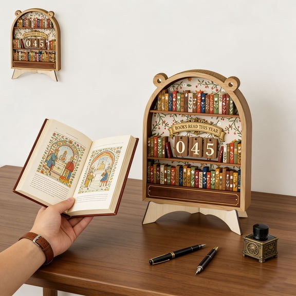 ZHMRFG Wooden Book Reading Tracker Counter Sign,Natural Wood Grain Annual Reading Goal Tracker Ornament,Functional Decor Party for Home Library Bookshelf Desk Tabletop Reading Corner Book Lover Gift