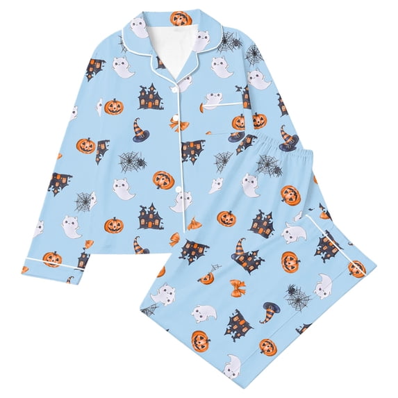 ZHOGXU Adorable Halloween Printed Girls Pajama Sets Long Sleeve Top And Long Pant 2PCS Set For Kids,Sky Blue,13-14 Years