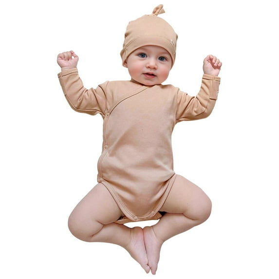 ZHOGXU Baby Boys And Girls Booty Cotton Romper Long Sleeve Solid Color Side Buckle Strap Breathable Jumpsuit With Hat Outfits,Khaki,6-12 Months