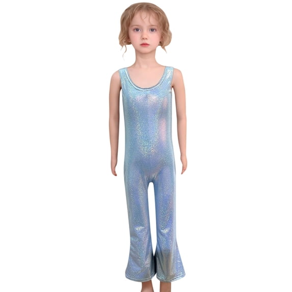 ZHOGXU Baby Boys And Girls Sequin Tight Stretch Jumpsuit Solid Color Sleeveless Crew Neck Flared Romper,Sky Blue,7-8 Years