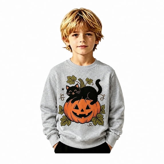 ZHOGXU Baby Boys Girls Halloween Pullover Pumpkin Black Cat Print Crewneck Sweatshirts Kids Outerwear Tops Vacation Travel,Grey,1-2 Years