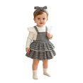 thumbnail image 1 of ZHOGXU Baby Girls Houndstooth Outfit Fly Sleeve Top Suspender Skirt Matching Houndstooth Bow Headband 3PCS Set For Kids,White,6-12 Months, 1 of 9