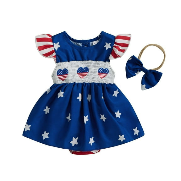 ZHOGXU Baby Girls Romper Short Sleeve Love Heart Embroidery Star Print Bodysuits With Hair Accessories Ideal For Independence Day,Blue,6-12 Months