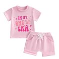 thumbnail image 1 of ZHOGXU Baby Girls Summer Outfit With Letter Graphic Tee And Matching Shorts 2PCS Sportswear Set For Kids,Pink,12-18 Months, 1 of 5