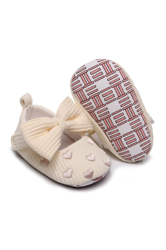 Baby Kids Girls Sneakers Non Slip Soft Sole Love Heart Embroidered Bow Design Comfortable Breathable Walking Shoes For Casual Daily Wear,Beige,0-6 Months