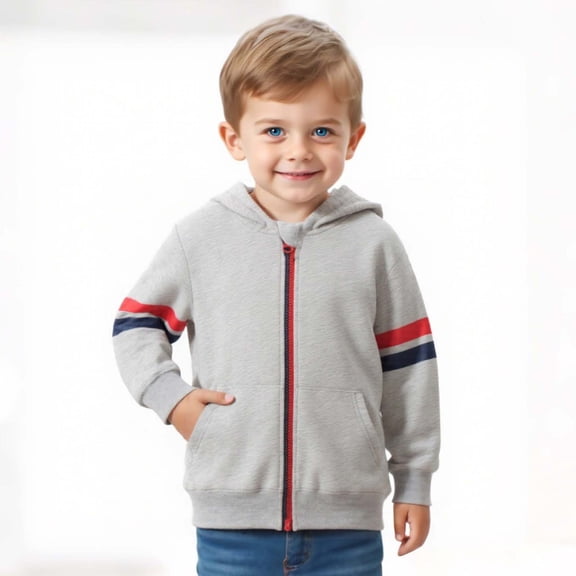 ZHOGXU Big Boy Girl Hooded Jacket With Pocket Long Sleeve Color Block Zipper Loose Fit Comfortable Lightweight Coat For Daily Wear Grey 18-24 Months