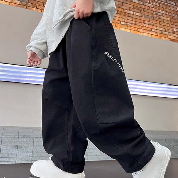 ZHOGXU Big Boys Cargo Pants With Pockets Elastic Waist Solid Color Straight Fit Loose Fit Comfortable Trousers For Outdoor Activities Black 4-5 Years