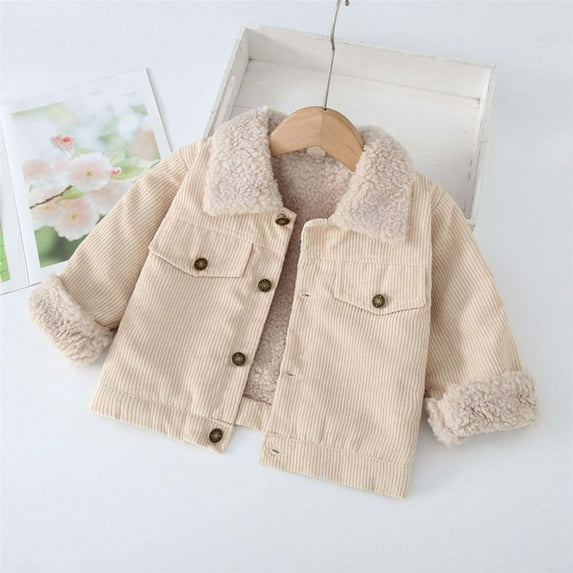 ZHOGXU Big Boys Girls Casual Jacket Plush Long Sleeve Turndown Collar Solid Color Buttons Warm Thickened Comfortable Coat For Casual Daily Wear Beige 3-4 Years