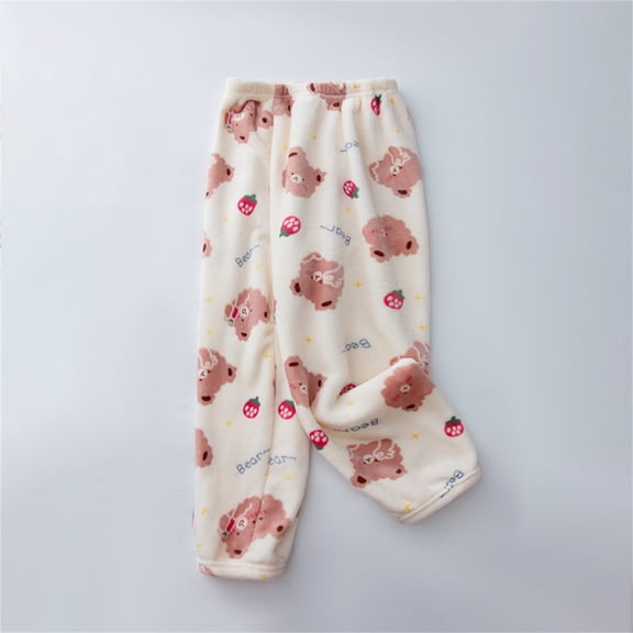 ZHOGXU Big Boys Girls Fuzzy Pajama Pants Elastic Waist Cartoon Print Comfortable Loose Fit Thermal Sleepwear For Everyday Wear Beige 11-12 Years