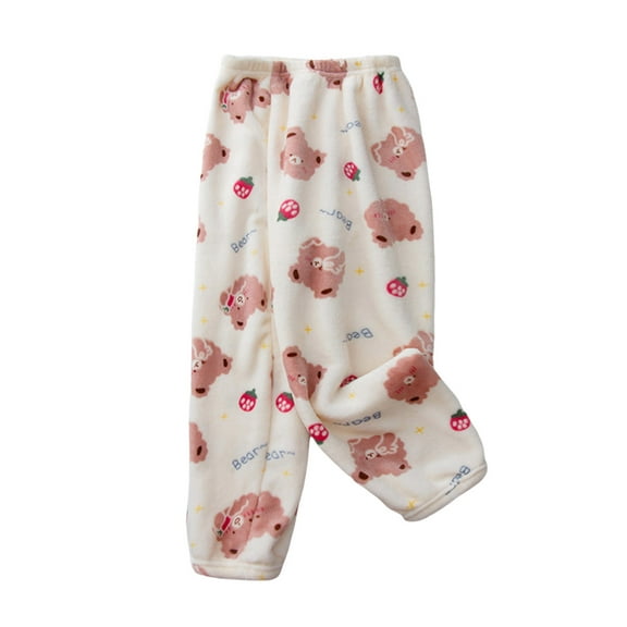 ZHOGXU Big Boys Girls Fuzzy Pajama Pants Elastic Waist Cartoon Print Comfortable Loose Fit Thermal Sleepwear For Everyday Wear Beige 18-24 Months