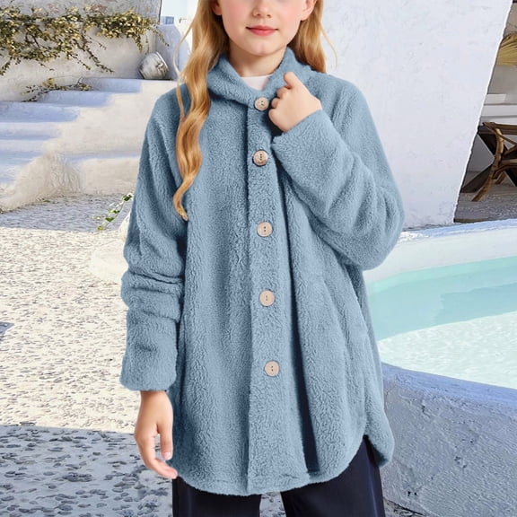 ZHOGXU Big Boys Girls Hooded Jacket With Pocket Plush Long Sleeve Buttons Solid Color Warm Cozy Comfortable Coat For Autumn Winter Daily Wear Blue 5-6 Years