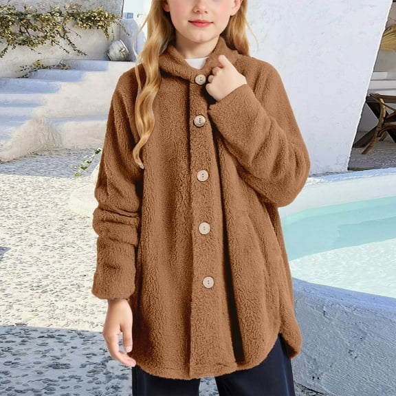ZHOGXU Big Boys Girls Hooded Jacket With Pocket Plush Long Sleeve Buttons Solid Color Warm Cozy Comfortable Coat For Autumn Winter Daily Wear Brown 13-14 Years