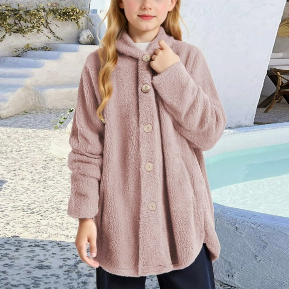 ZHOGXU Big Boys Girls Hooded Jacket With Pocket Plush Long Sleeve Buttons Solid Color Warm Cozy Comfortable Coat For Autumn Winter Daily Wear Rd1 12-13 Years
