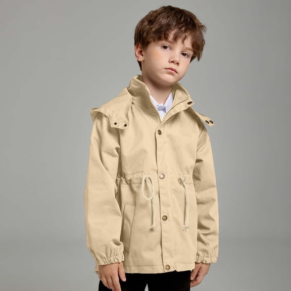 ZHOGXU Big Boys Girls Hooded Jacket With Pocket Long Sleeve Solid Color Zipper Fashion Casual Coat For Outdoor Activities Khaki 3-4 Years