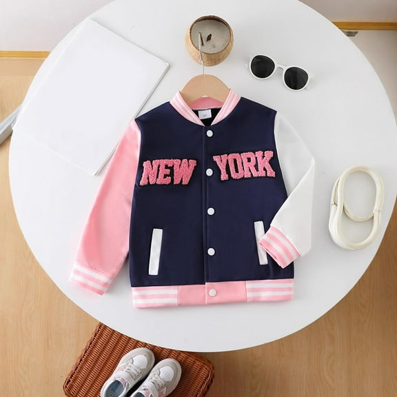 ZHOGXU Big Boys Girls Jacket With Pocket Plush Long Sleeve Buttons Embroidered Lettering Color Block Comfortable Fashion Baseball Coat For Autumn Winter Daily Wear Navy 5-6 Years