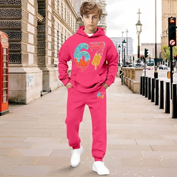 ZHOGXU Big Boys Girls Outfit Long Sleeve 6 7 Print Pocket Hoodies And Jogger Comfortable Two Piece Sets For Casual Daily Wear Hot Pink 12-13 Years