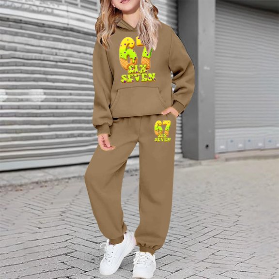 ZHOGXU Big Boys Girls Outfit Long Sleeve 6 7 Print Pocket Hoodies And Jogger Comfortable Two Piece Sets For Casual Daily Wear Khaki 7-8 Years