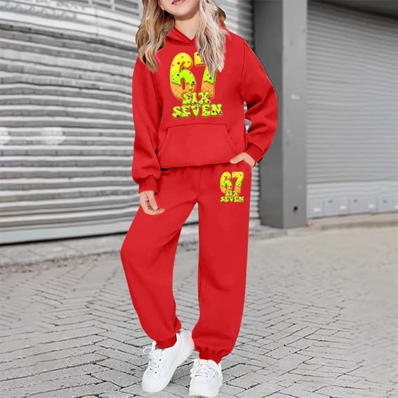 ZHOGXU Big Boys Girls Outfit Long Sleeve 6 7 Print Pocket Hoodies And Jogger Comfortable Two Piece Sets For Casual Daily Wear Red 4-5 Years