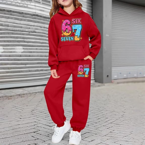ZHOGXU Big Boys Girls Outfit Long Sleeve 6 7 Print Pocket Hoodies And Jogger Comfortable Two Piece Sets For Casual Daily Wear Red 6-7 Years
