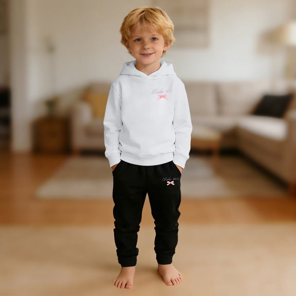 ZHOGXU Big Boys Girls Outfit Long Sleeve Bow Print Hoodies And Jogger Comfortable Warm Two Piece Sets For Casual Daily Wear White 2-3 Years