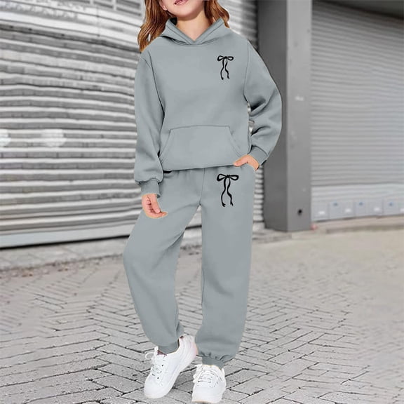 ZHOGXU Big Boys Girls Outfits 2 Piece Long Sleeve Bow Print Pocket Hoodies And Joggers Fashion Comfortable Sets For Casual Wear And Outdoor Activities Grey 12-13 Years
