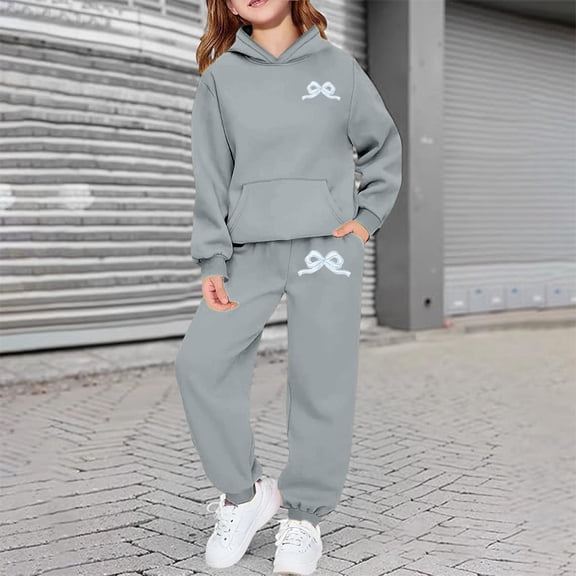 ZHOGXU Big Boys Girls Outfits 2 Piece Long Sleeve Bow Print Pocket Hoodies And Joggers Fashion Comfortable Sets For Casual Wear And Outdoor Activities Grey 2-3 Years