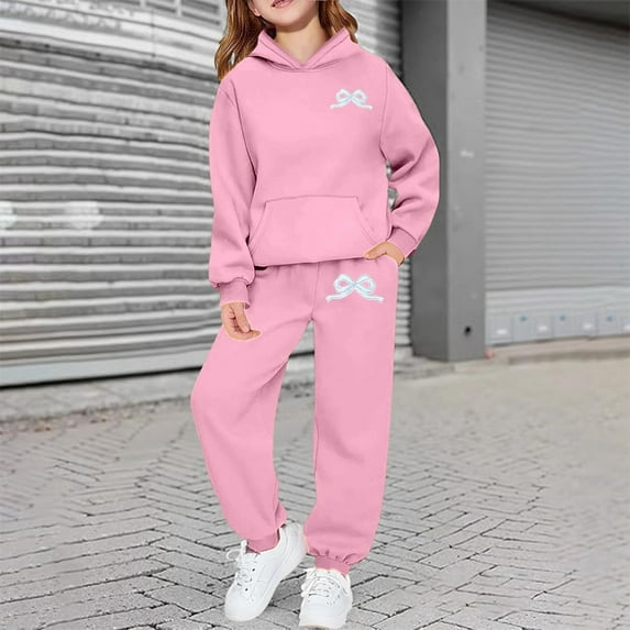 ZHOGXU Big Boys Girls Outfits 2 Piece Long Sleeve Bow Print Pocket Hoodies And Joggers Fashion Comfortable Sets For Casual Wear And Outdoor Activities Pink 8-9 Years