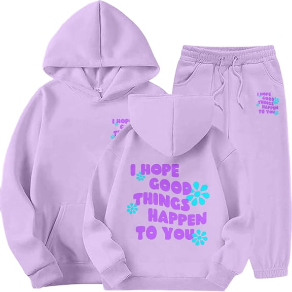 ZHOGXU Big Boys Girls Outfits Long Sleeve Letter Print Pocket Hoodies And Elastic Waist Joggers Plush Warm Comfortable Sets For Daily Wear Purple 12-13 Years