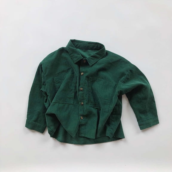 ZHOGXU Big Boys Girls Shirt With Pocket Long Sleeve Turndown Collar Solid Color Buttons Comfortable Breathable Top Blouse For Daily Wear Dark Green 2-3 Years
