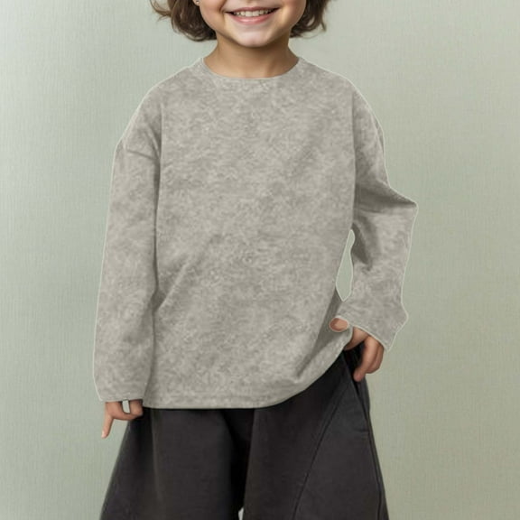 ZHOGXU Big Boys Girls T Shirt Long Sleeve Crew Neck Solid Color Distressed Versatile Comfortable Breathable Base Shirt Top For Daily Wear Beige 7-8 Years