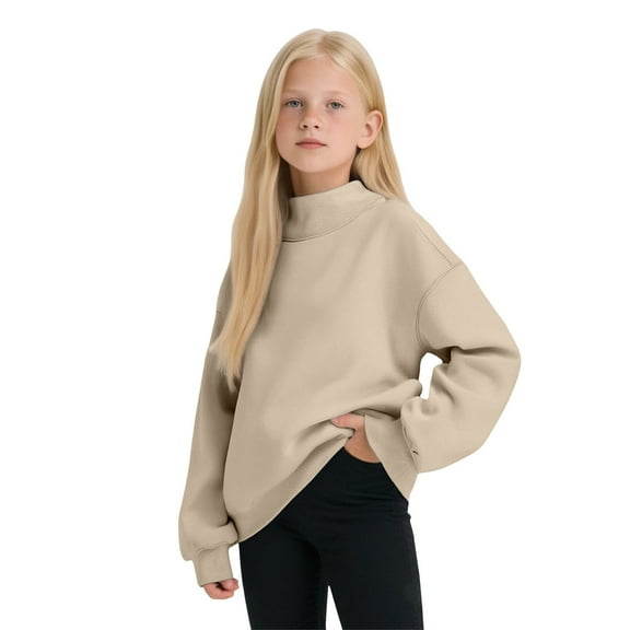 ZHOGXU Big Boys Girls Top Long Sleeve Turtleneck Solid Color Soft Stretch Warm Sweatshirt For Autumn Winter Daily Wear Beige 3-4 Years
