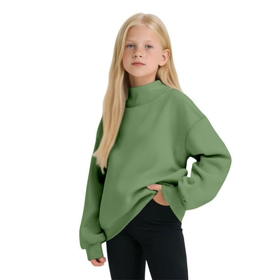 ZHOGXU Big Boys Girls Top Long Sleeve Turtleneck Solid Color Soft Stretch Warm Sweatshirt For Autumn Winter Daily Wear Green 14-16 Years