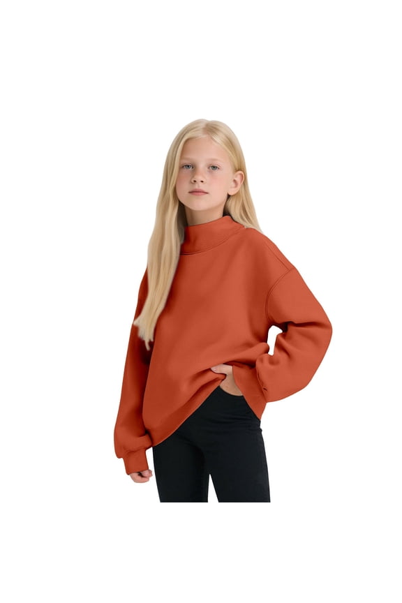 Big Boys Girls Top Long Sleeve Turtleneck Solid Color Soft Stretch Warm Sweatshirt For Autumn Winter Daily Wear Orange 9-10 Years