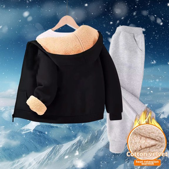 ZHOGXU Big Boys Girls Two Piece Outfit Long Sleeve Zip Up Solid Color Hooded Jacket And Pants Plush Thickened Warm Soft Sets For Cold Weather And Outdoor Activities Bk2 3-4 Years