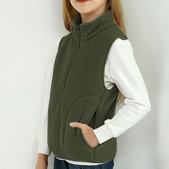 ZHOGXU Big Boys Girls Vest Jacket With Pocket Plush Sleeveless Zipper Solid Color Warm Cozy Comfortable Coat For Autumn Winter Daily Wear Army Green 9-10 Years