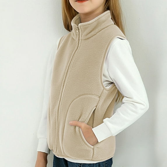 ZHOGXU Big Boys Girls Vest Jacket With Pocket Plush Sleeveless Zipper Solid Color Warm Cozy Comfortable Coat For Autumn Winter Daily Wear Beige 5-6 Years