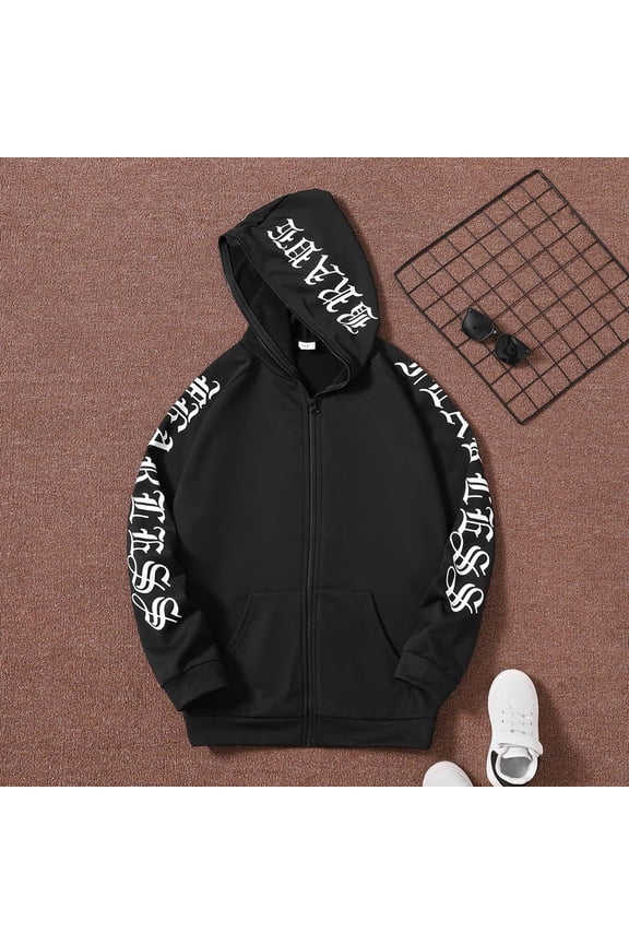 Big Boys Hooded Coat With Pocket Long Sleeve Zip Up Letter Print Plush Comfortable Casual Jacket For School And Daily Wear Black 14-15 Years