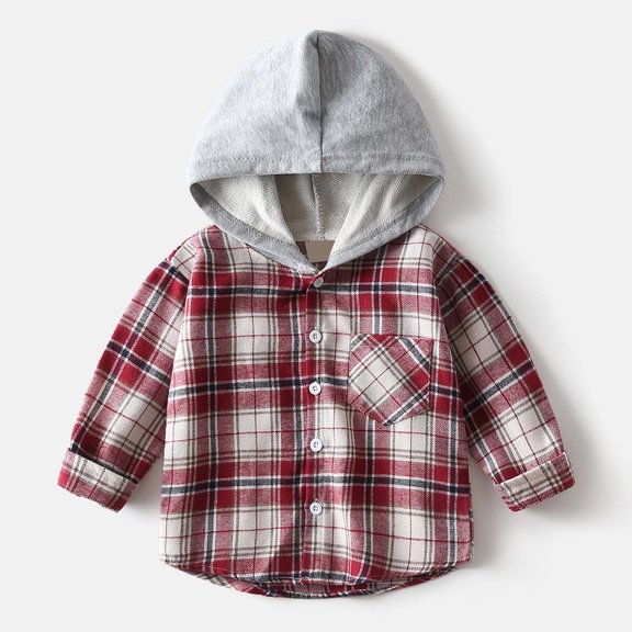 ZHOGXU Big Boys Hooded Shirt With Pocket Casual Long Sleeve Plaid Print Buttons Stylish Comfortable Soft Top Blouse For Daily Wear Red 2-3 Years