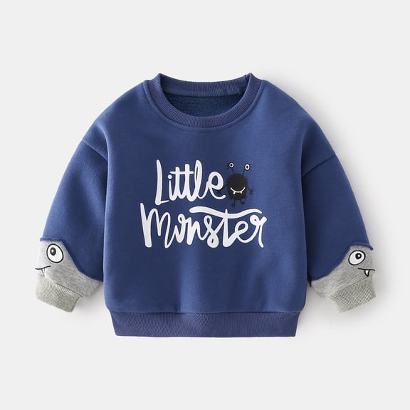 ZHOGXU Big Boys Pullover Plush Long Sleeve Round Neck Letter Print Casual Soft Comfortable Sweatshirts Top For Daily Wear Blue 18-24 Months