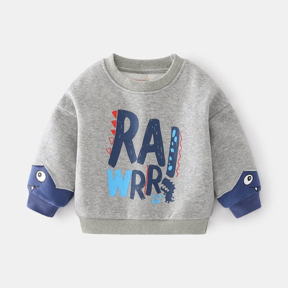 ZHOGXU Big Boys Pullover Plush Long Sleeve Round Neck Letter Print Casual Soft Comfortable Sweatshirts Top For Daily Wear Grey 12-18 Months