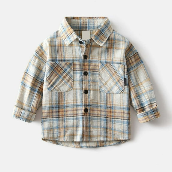 ZHOGXU Big Boys Shirt With Pocket Casual Long Sleeve Turndown Collar Plaid Print Buttons Stylish Comfortable Soft Top Blouse For Daily Wear Beige 3-4 Years