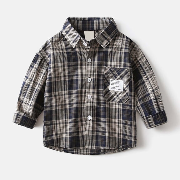 ZHOGXU Big Boys Shirt With Pocket Casual Long Sleeve Turndown Collar Plaid Print Buttons Stylish Comfortable Soft Top Blouse For Daily Wear Navy 3-4 Years