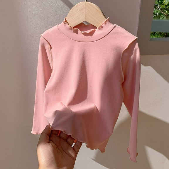 ZHOGXU Big Child Girls Basic Tee Long Sleeve Round Neck Solid Color Soft Comfortable Casual Tops For Fall Winter Daily Wear Pink 6-7 Years